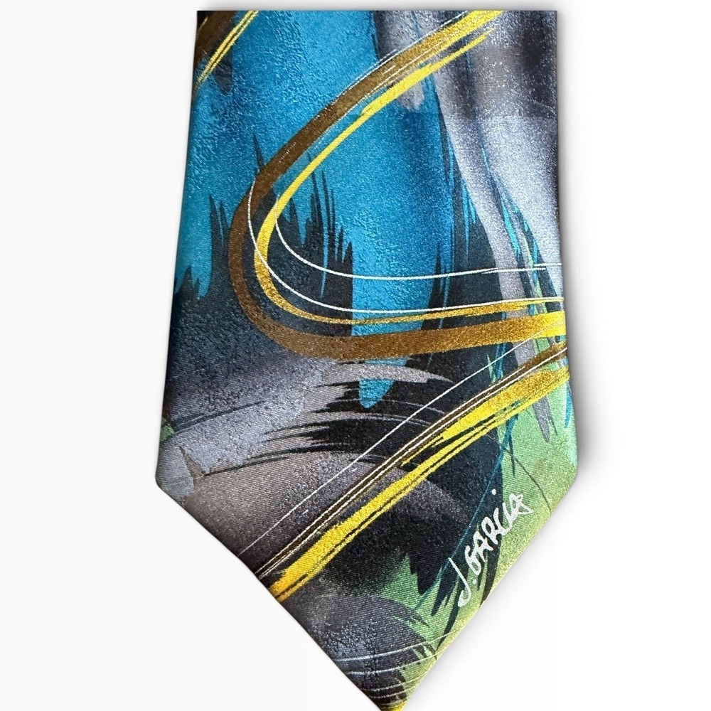 J. Garcia Mens Silk Necktie Blue Green Abstract Landscape Artist Proof No 2014